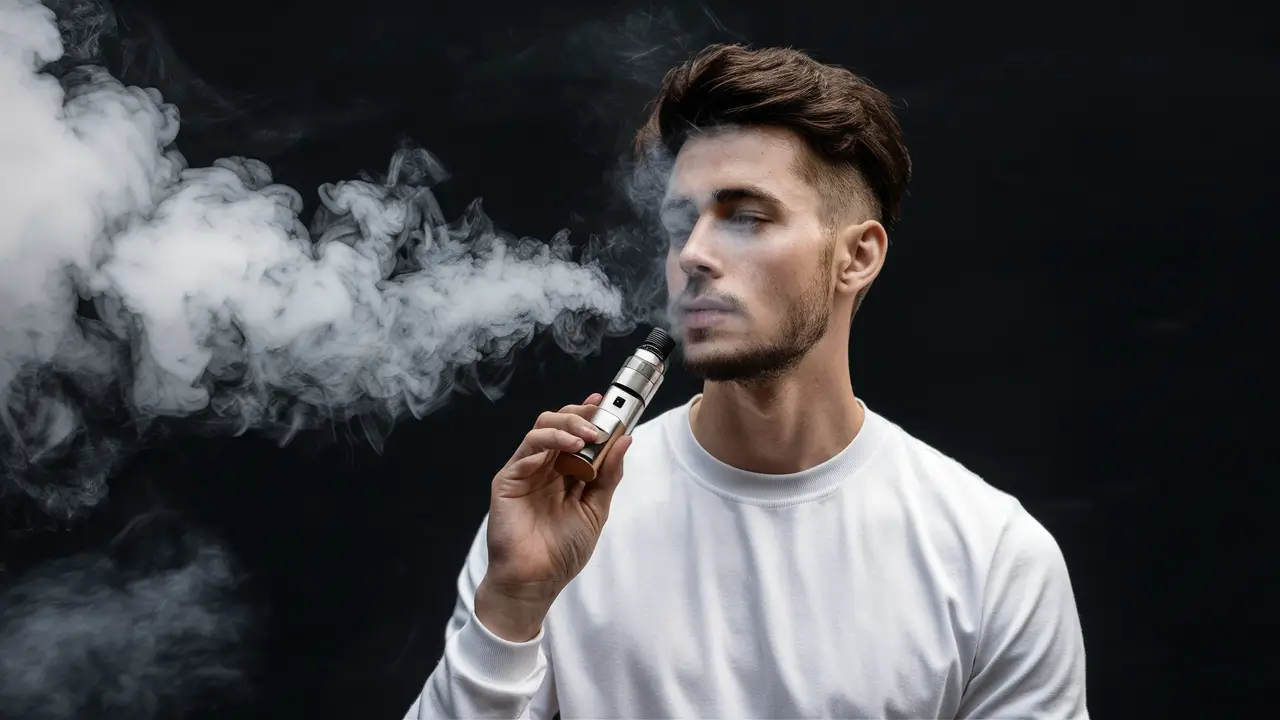 Um jovem adulto segura um dispositivo de VAPE, com fumaça saindo, contra um fundo escuro.