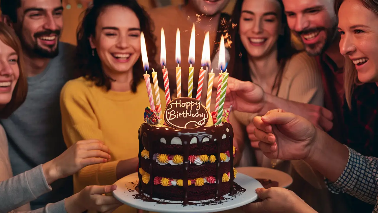 Celebração de aniversário com bolo e velas em festa tradicional - origem do aniversário