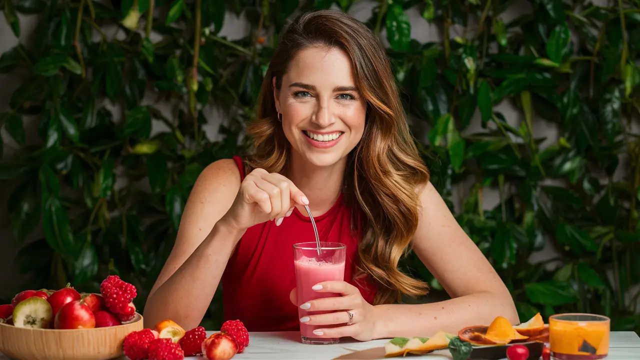 Mulher feliz desfrutando dos benefícios do suco rosa para a saúde.